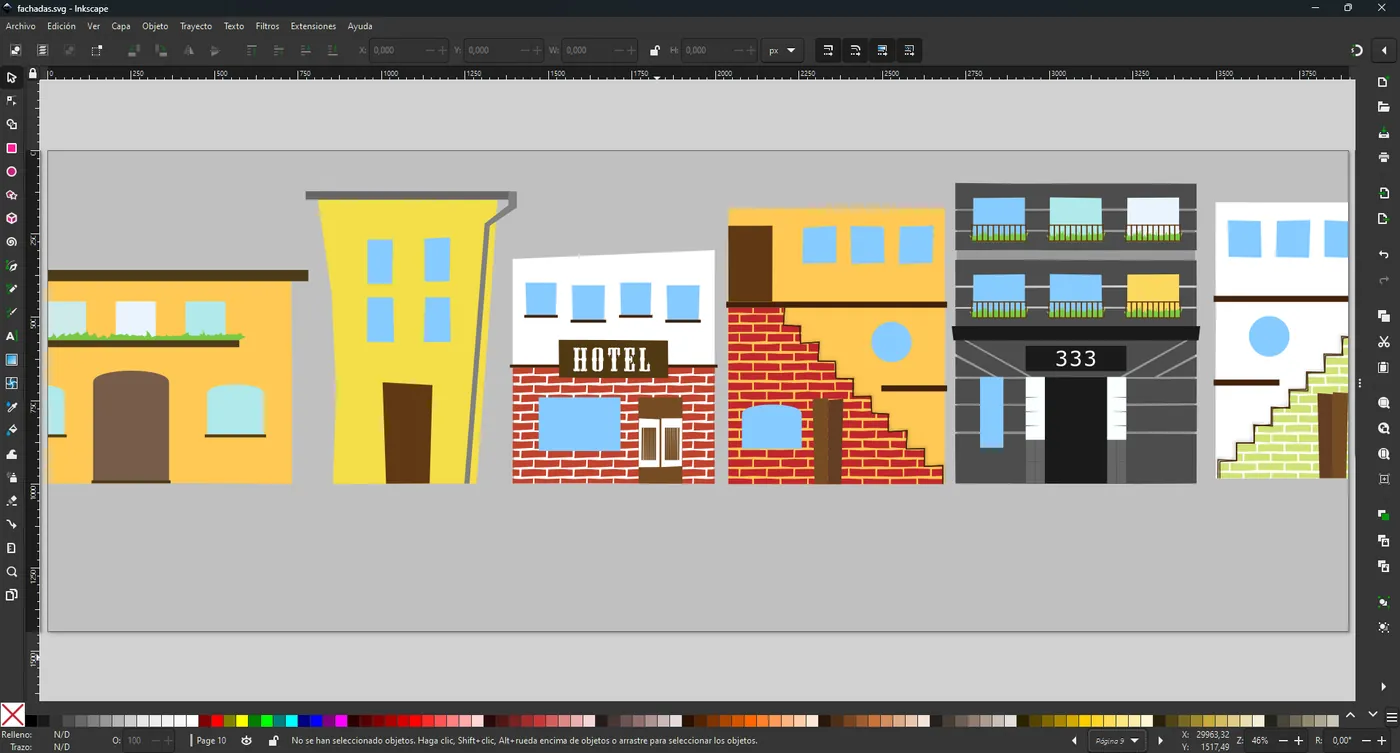 Another screenshot from Inkscape, with some of the houses in the short film, license: Creative Commons Attribution-NonCommercial-NoDerivatives 4.0 International (CC BY-NC-ND 4.0), Jorge del Campo Andrade / 'Ladrón de Flores' short film
