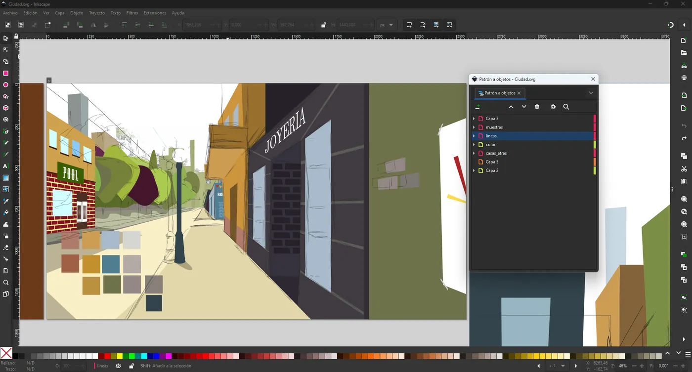 Work in progress screenshot from Inkscape, with layers, color palette and original hand drawing, license: Creative Commons Attribution-NonCommercial-NoDerivatives 4.0 International (CC BY-NC-ND 4.0), Jorge del Campo Andrade / 'Ladrón de Flores' short film